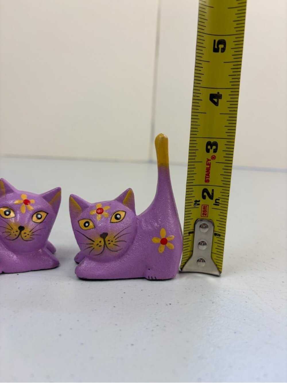 Vintage Set of 2 Folk Art Hand Carved Wooden Painted Cats Kittens Floral Boho - Picture 6 of 7